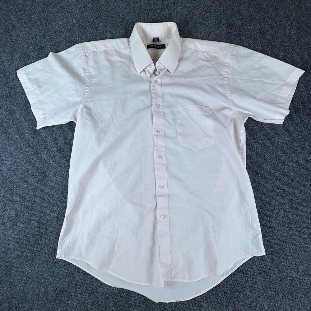 Hugo Boss Dress Shirt Mens 16.5 Light Pink Cotton Pleated Formal Button Up
